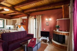 Televisión, chimenea, reproductor de DVD y tenis de mesa