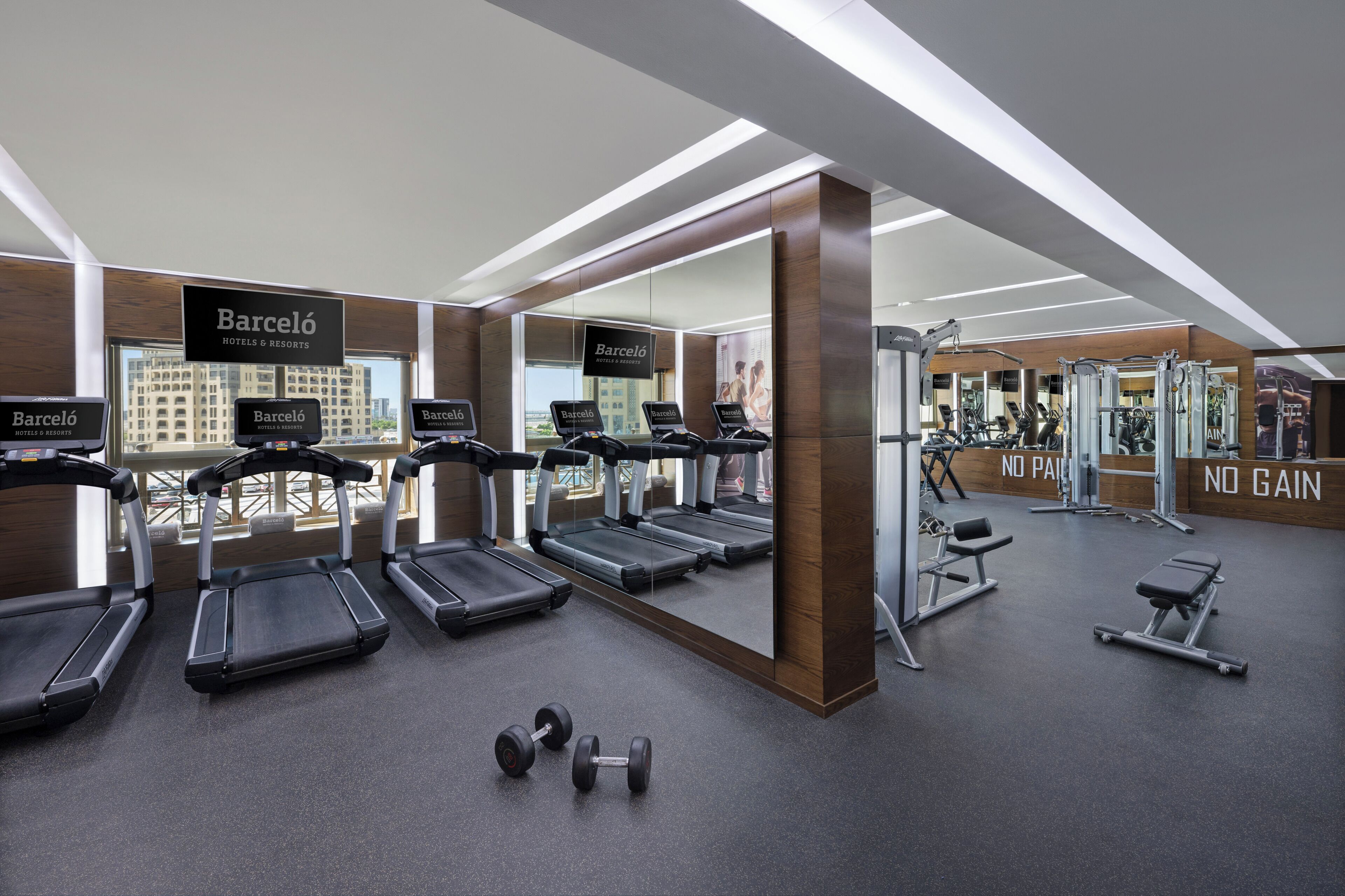 A modern gym with treadmills, dumbbells, and weight machines.