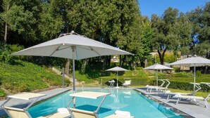 Une piscine rectangulaire dotée de plusieurs chaises longues et de parasols.