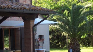An outdoor patio with a table and chairs, a large terracotta pot, and a palm tree. - The Temple at Solebello (Morro D' Alba)