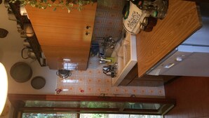 Cozinha com painel de azulejos, armários de madeira e janela com vista para um jardim.