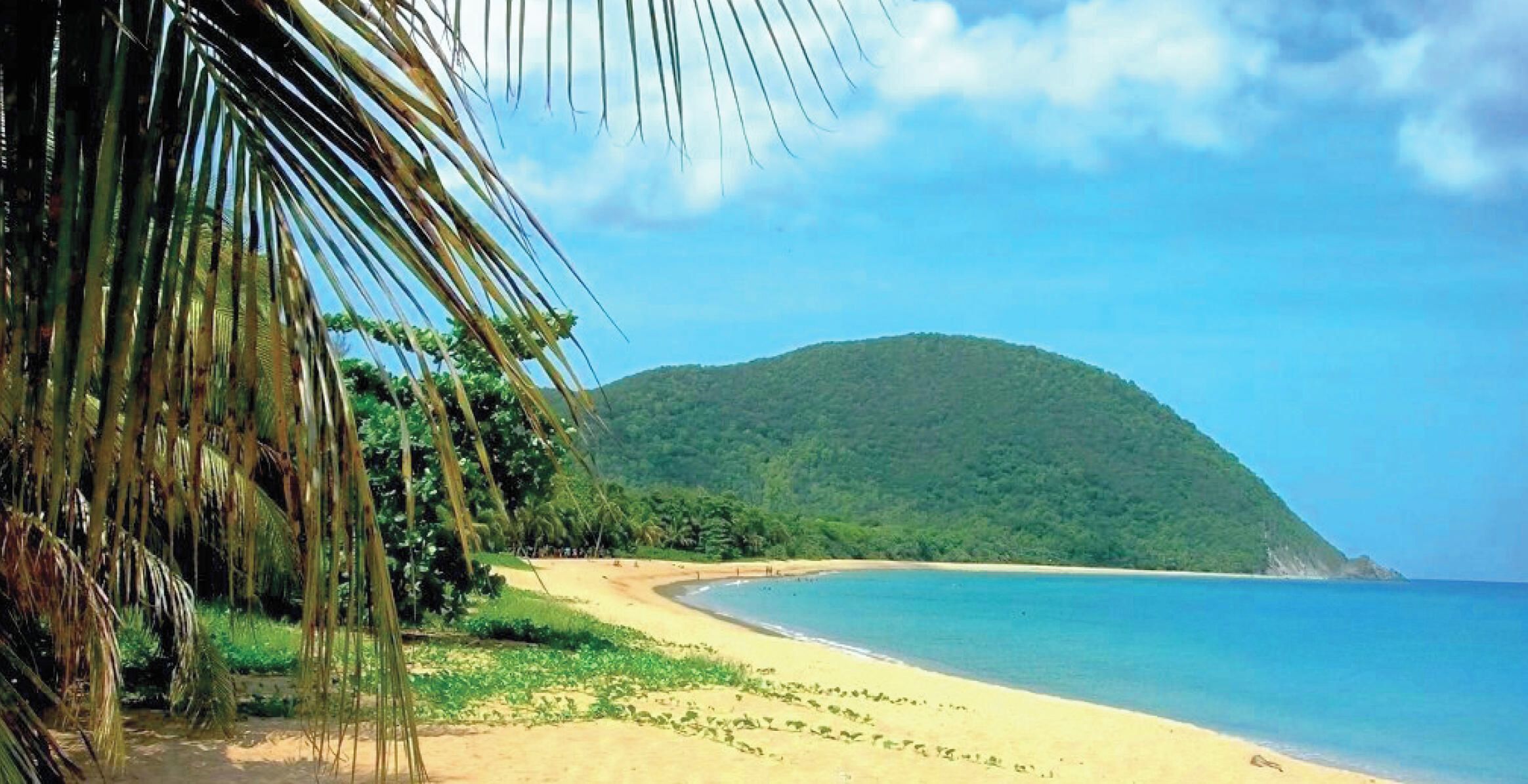 A beach with a clear sky, a sandy shore, and a green hill in the background.