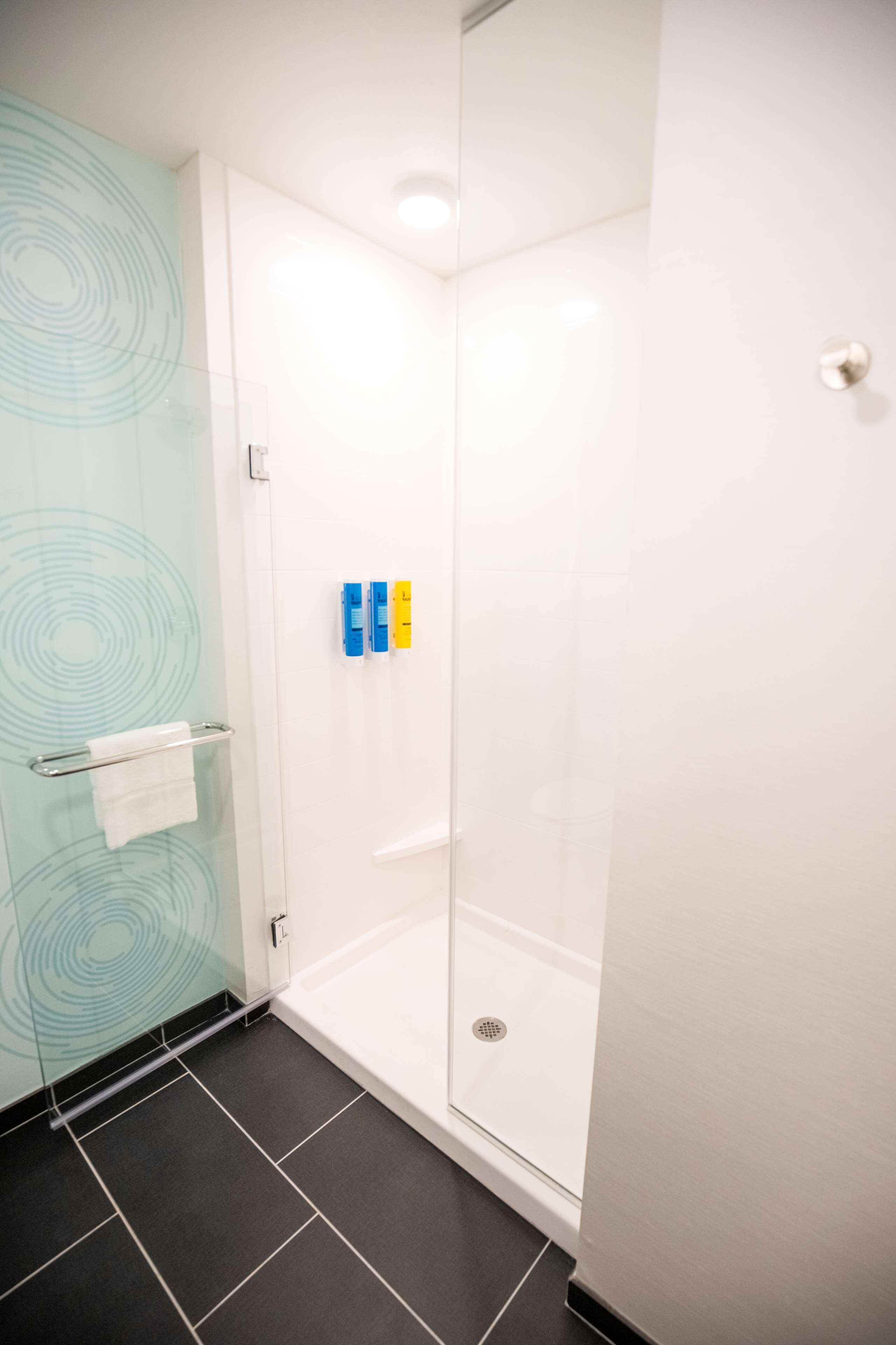 A modern bathroom with a glass shower enclosure, a towel rack, and two bottles of shampoo and conditioner.