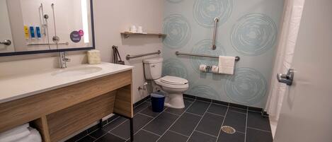 Une salle de bain moderne avec un lavabo blanc, un meuble-lavabo en bois et des toilettes. On peut voir des barres d’appui et un espace douche.