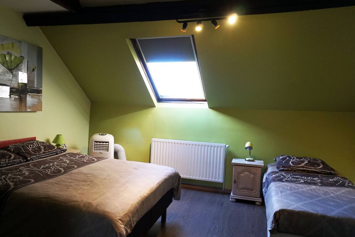 A bedroom with a sloped ceiling, a skylight, a radiator, and two beds.