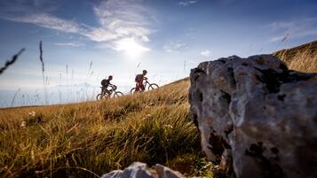 A rocky landscape with two cyclists on a trail.