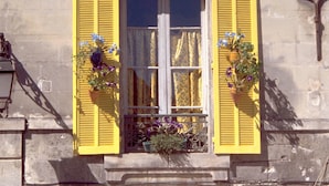Un edificio con contraventanas amarillas, una ventana con cortina y macetas con flores.