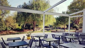 Un patio al aire libre con mesas y sillas, rodeado de árboles y un sendero de piedra.