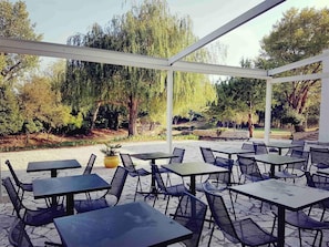 Een terras buiten met tafels en stoelen, omgeven door bomen en een pad van stenen.