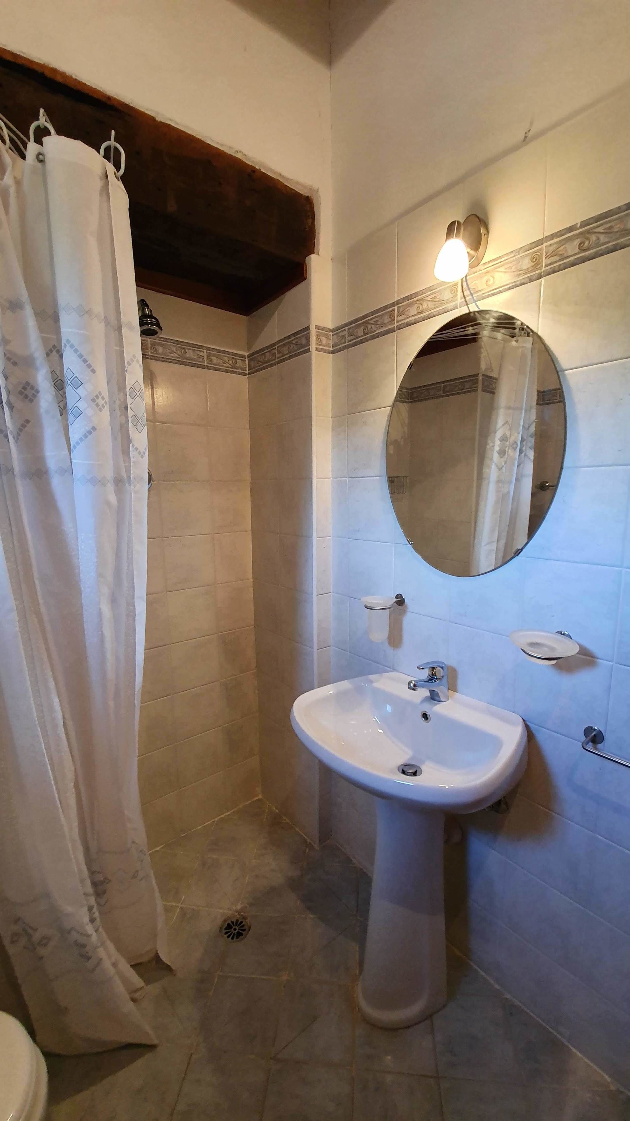 Un bagno con un lavabo su piedistallo, uno specchio e una tenda da doccia.