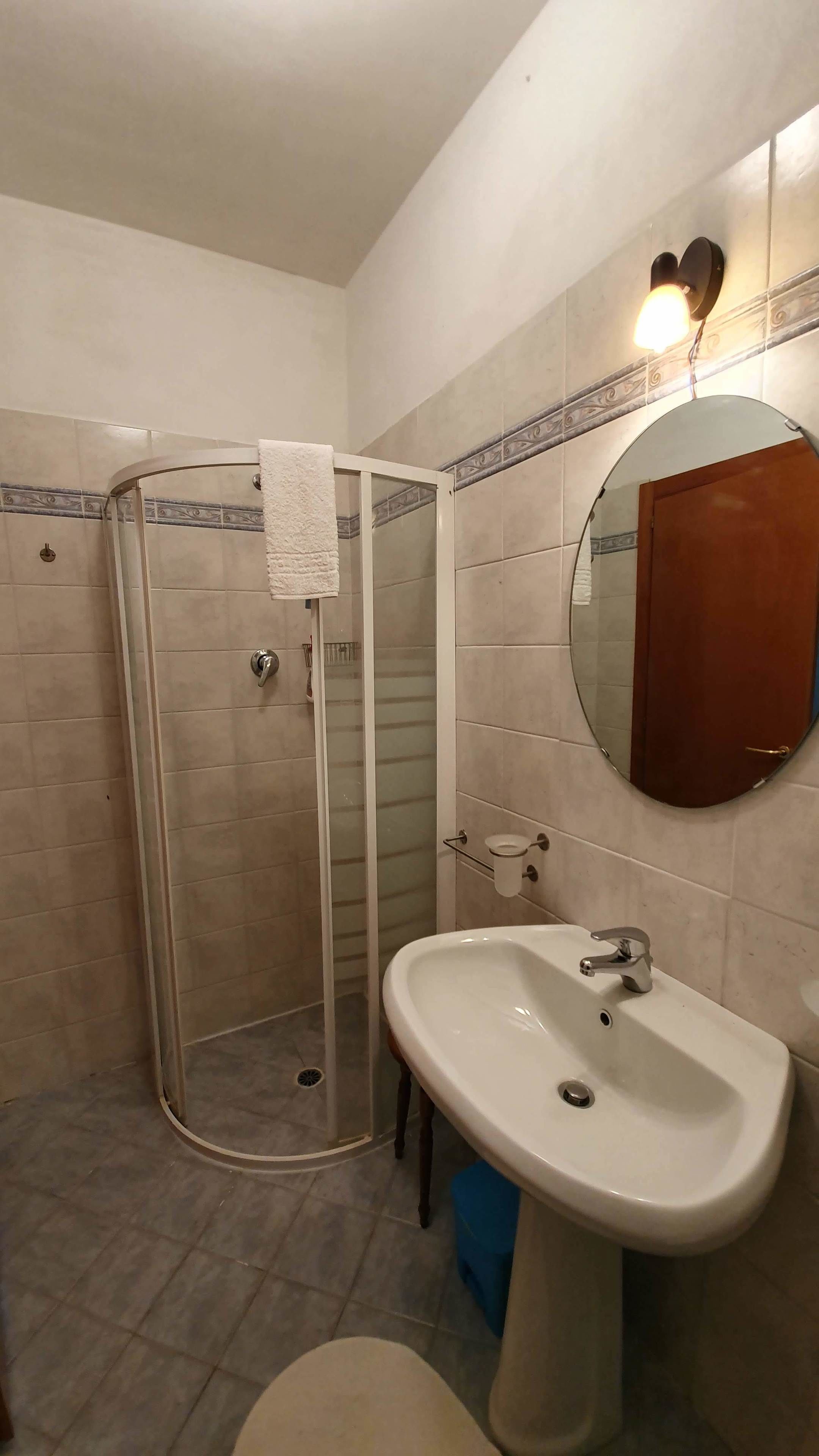 A bathroom with a glass-enclosed shower, a white sink, a round mirror, and a toilet.