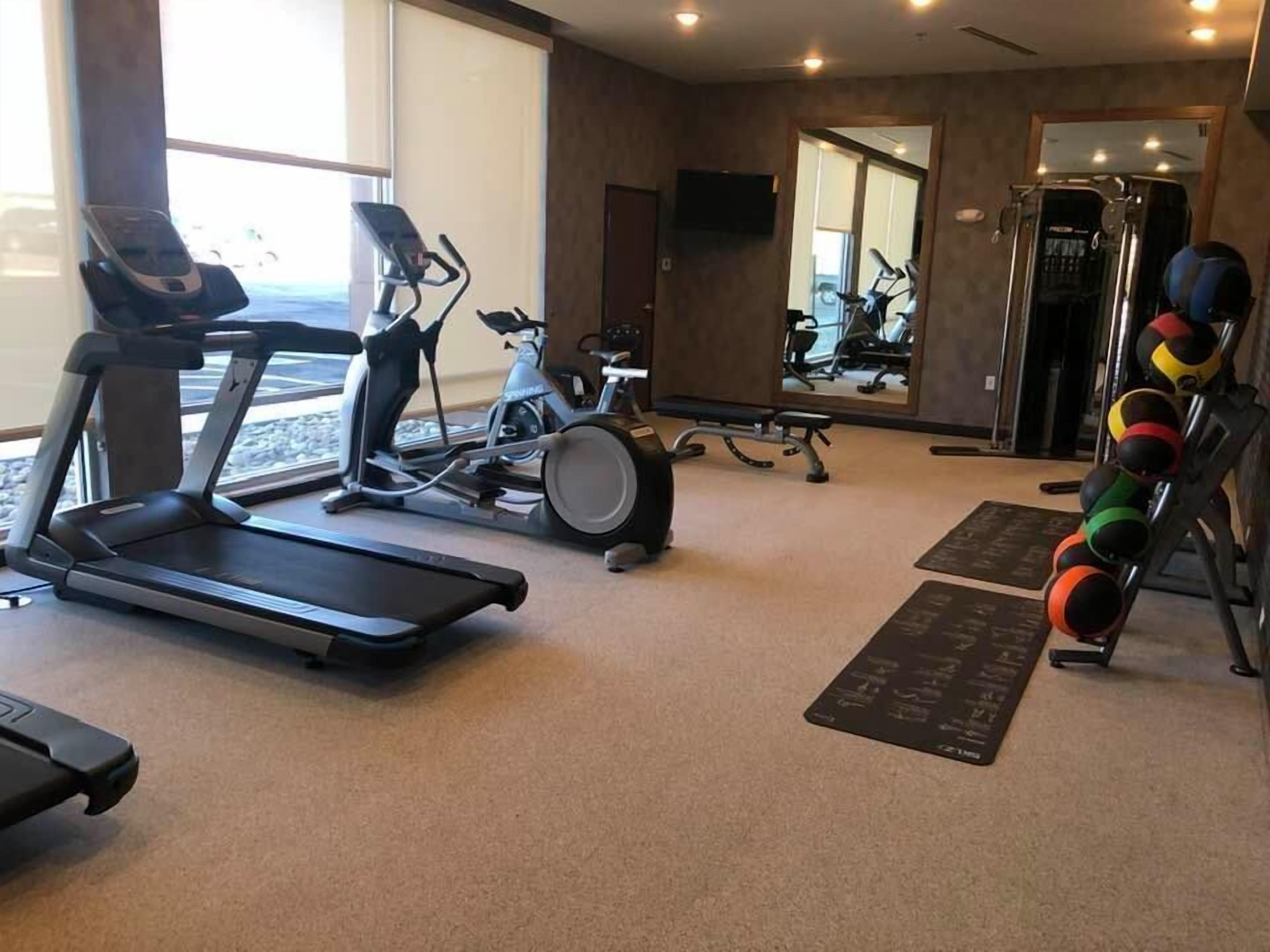 Une salle de sport équipée d’un tapis de course, d’un vélo d’appartement, d’un appareil elliptique et d’un ensemble de balles lestées.