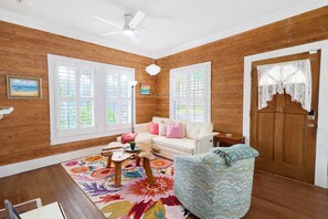 Smart TV, fireplace, table football, books