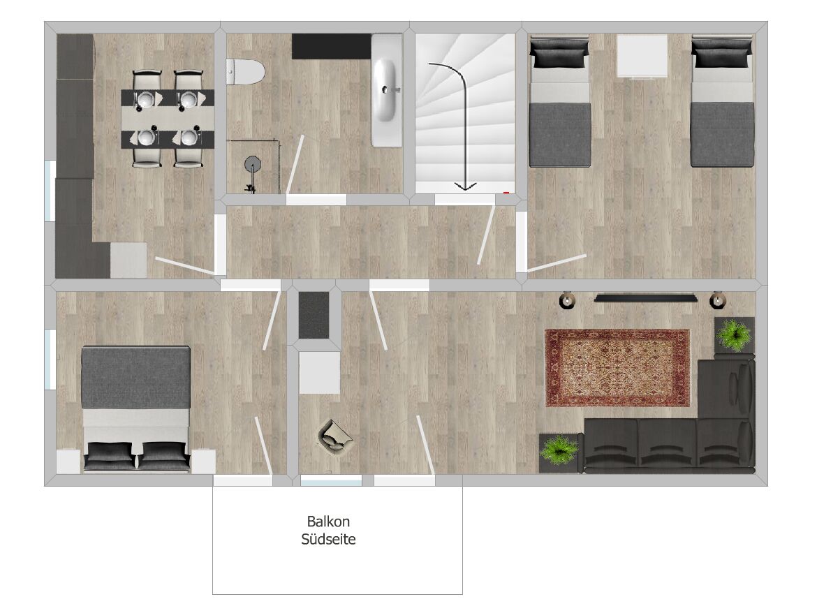 Ein Grundriss eines Hotels mit Balkon, Essbereich, Schlafzimmer, Badezimmer und Wohnbereich.