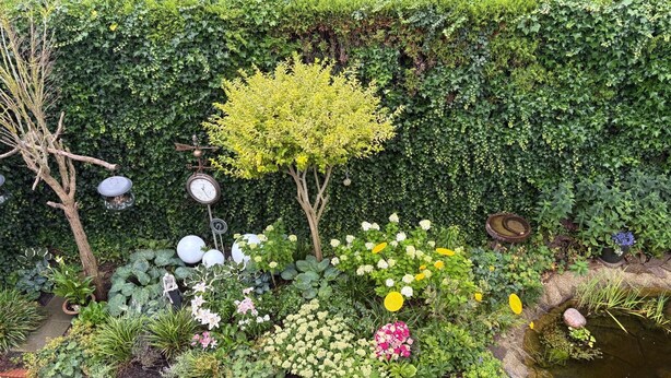 Ein Garten mit vielfältigen Pflanzen, einem kleinen Teich und dekorativen Elementen wie einer Windfahne und kugelförmigen Ornamente.