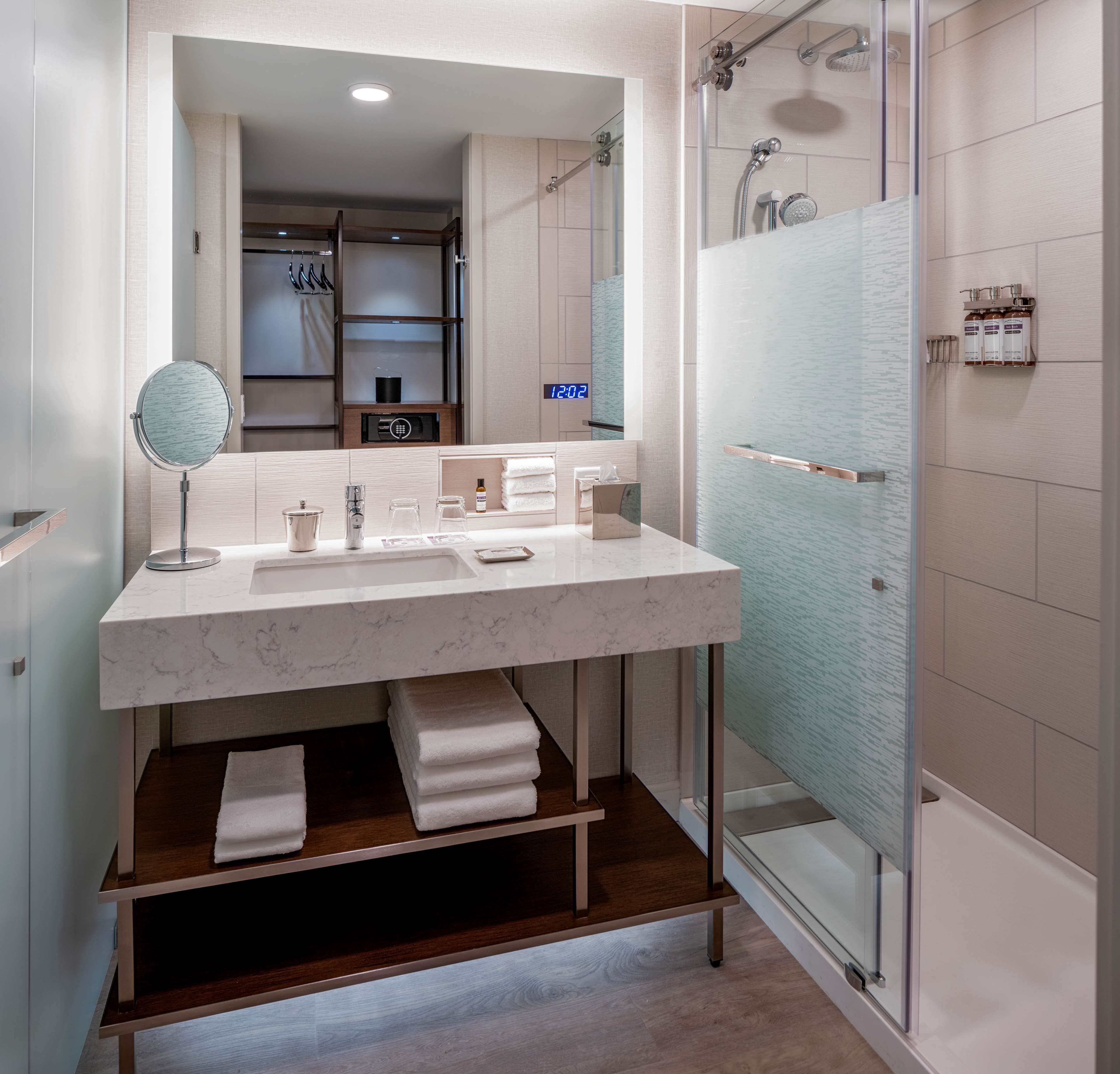 shower, free toiletries, hair dryer, towels