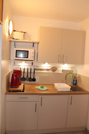 Kühlschrank, Mikrowelle, Herdplatte, Wasserkocher mit Kaffee-/Teezubehör