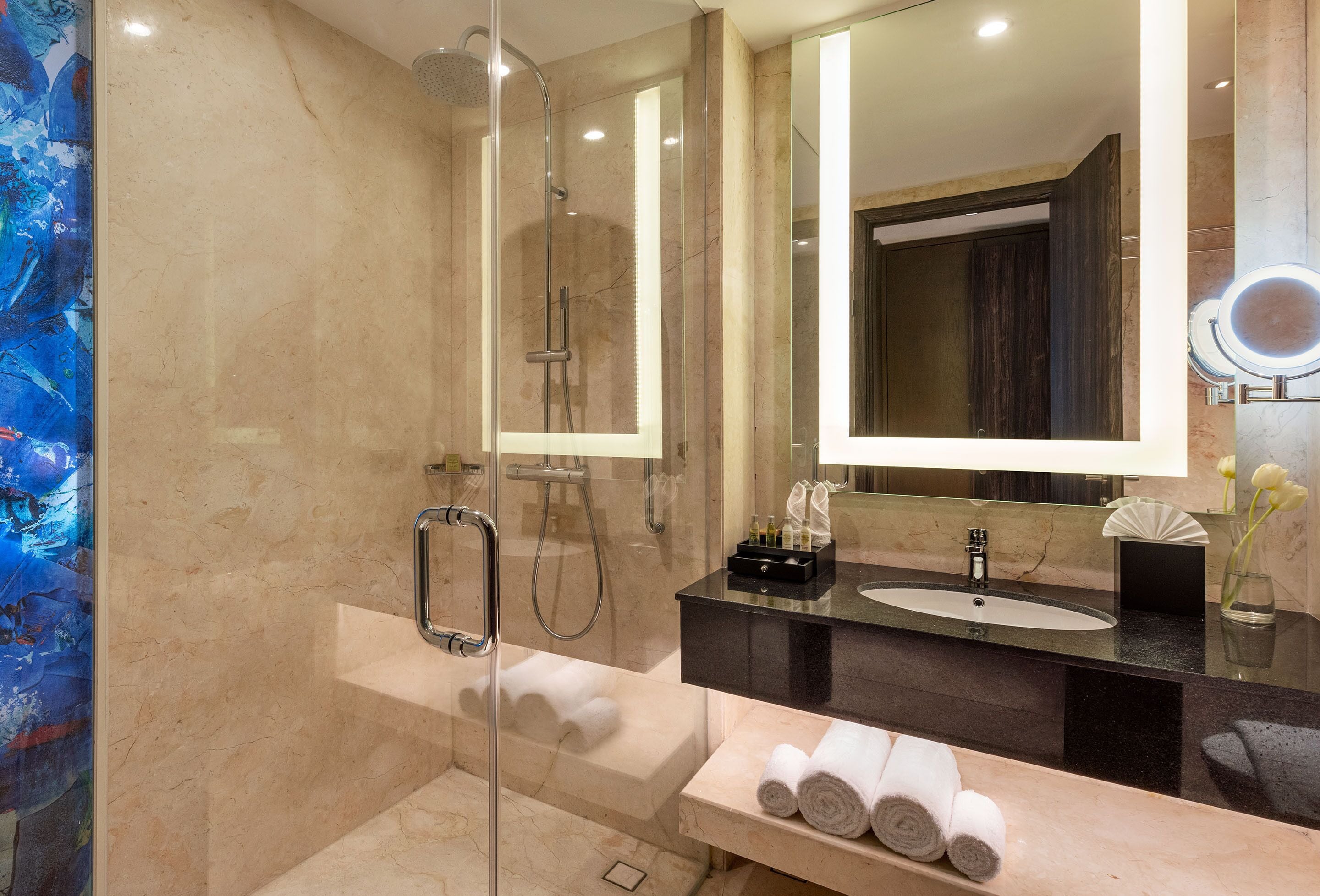 Un baño moderno con ducha envuelta en vidrio, lavamanos sobre encimera oscura y un espejo grande.