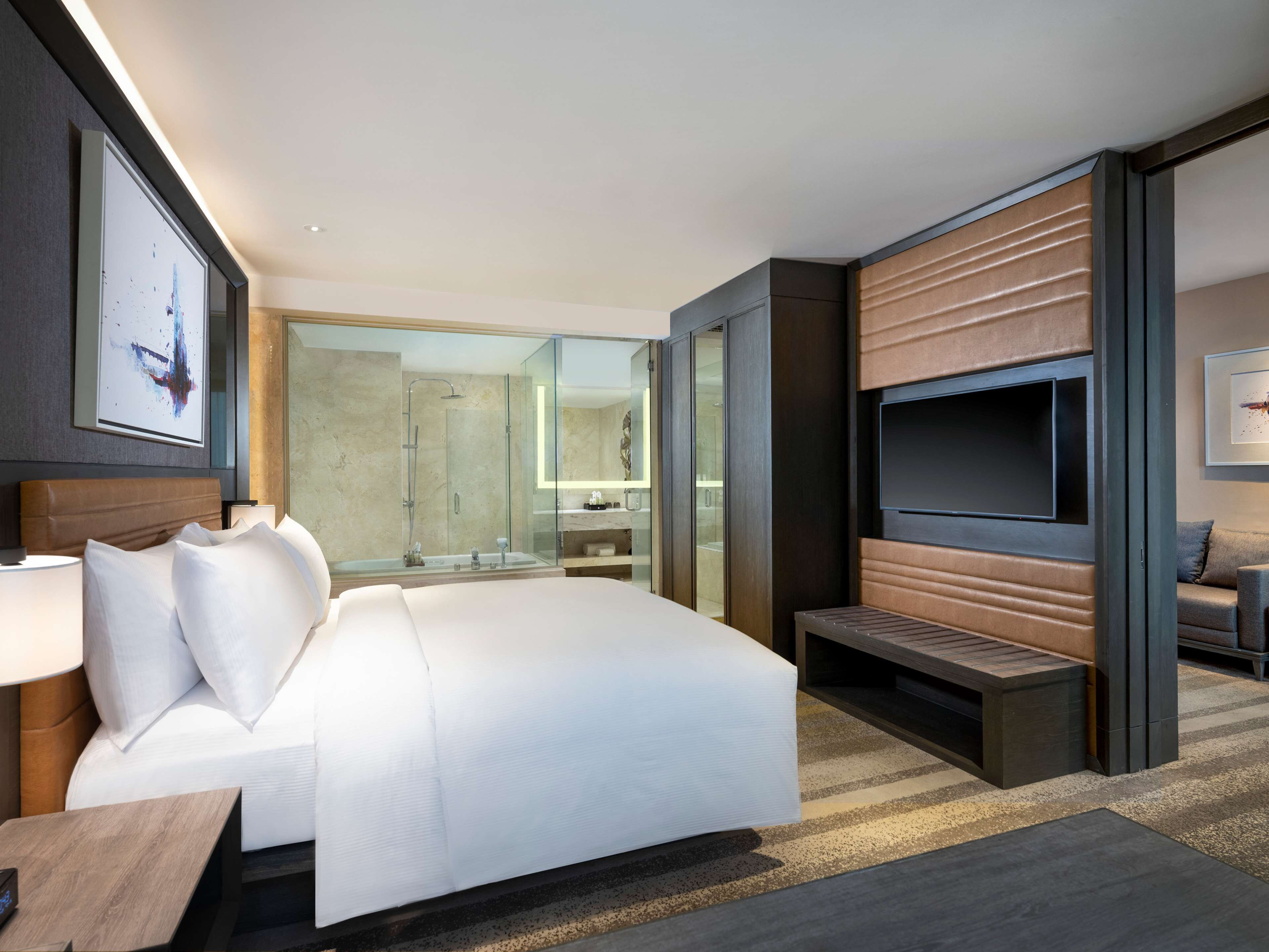 A modern hotel room with a large bed, a TV, a shower, and a seating area.