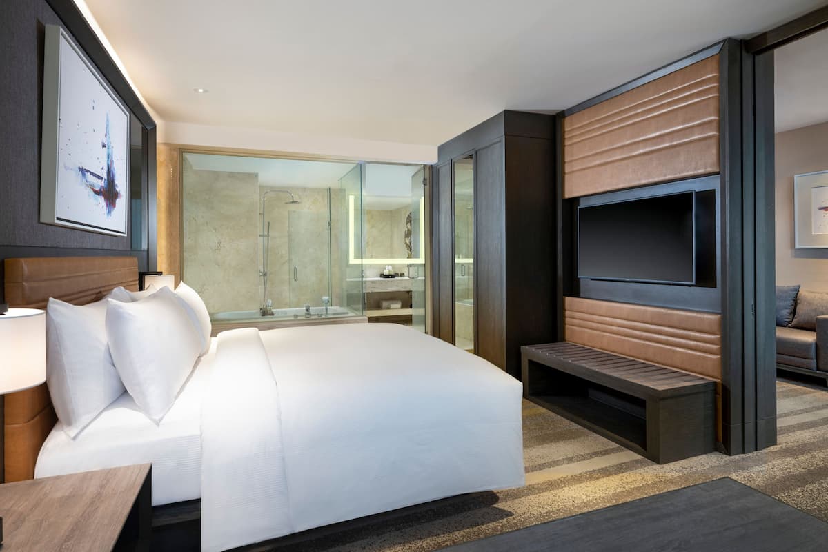 Ein modernes Hotelzimmer mit einem großen Bett, einem Fernseher, einer Sitzecke und einer Duschkabine aus Glas.
