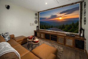 Flat-screen TV, fireplace