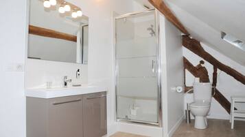 Shower, free toiletries, hair dryer, towels