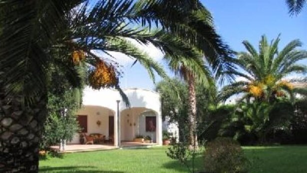 A building with a curved roof and a garden with palm trees. - Magnificent sea view villa with large garden, a few steps from the sea (Gallipoli)