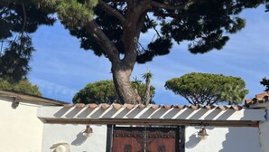 A rustic building with a large tree, a wooden bench, a cactus, and a decorative door. - Andalusian villa, pool 4x8m, 2 double beds, beach 400M, close to restaurants (Las Chapas)