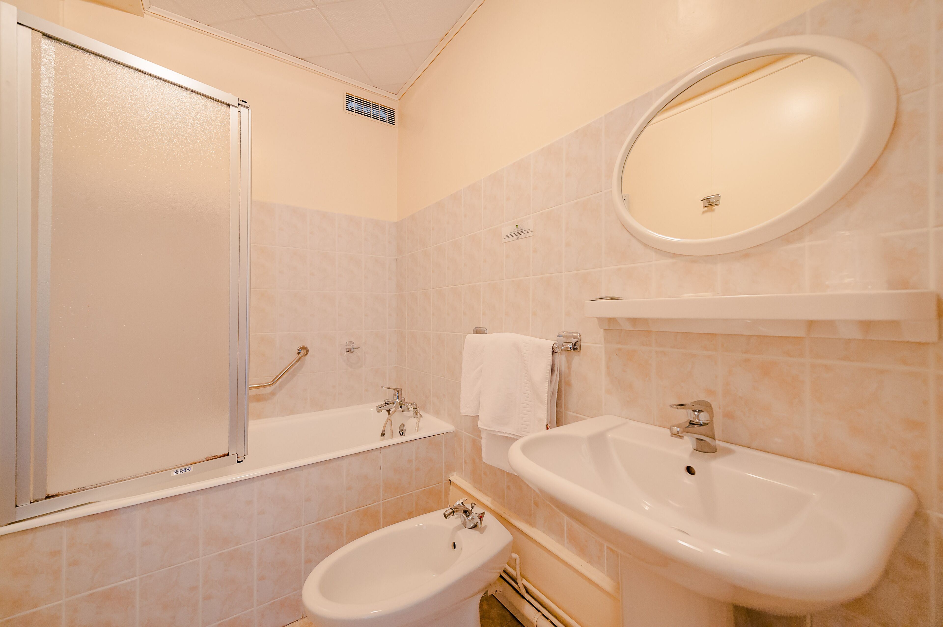 Ein Badezimmer mit Dusche, Waschbecken, Bidet und Spiegel.