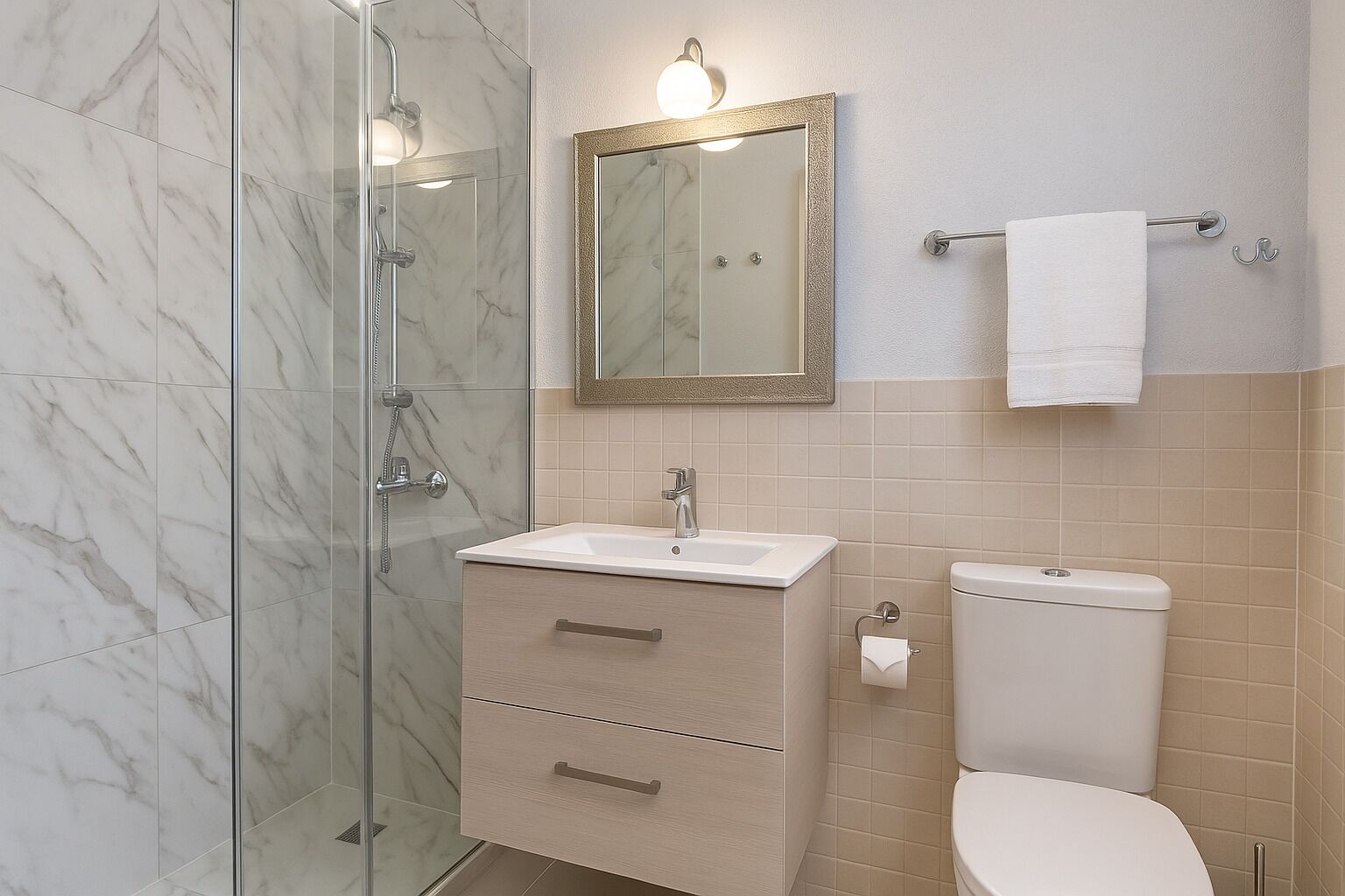Un baño con cabina de ducha de vidrio, un lavabo con espejo y un inodoro.