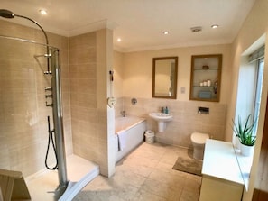 Et moderne badeværelse med et brusebad, et badekar, et toilet og en håndvask.