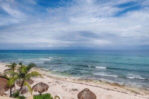 On the beach, sun-loungers, beach towels - Villa Arghy: Private Beachfront House in Tulum, Mexico with Infinity Pool (Tulum)