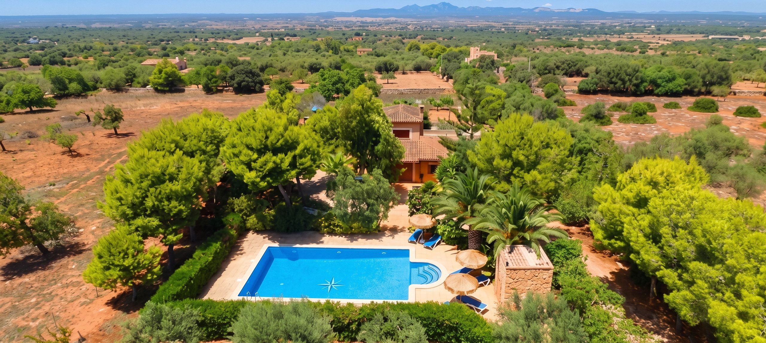A pool surrounded by trees and a view of the countryside.