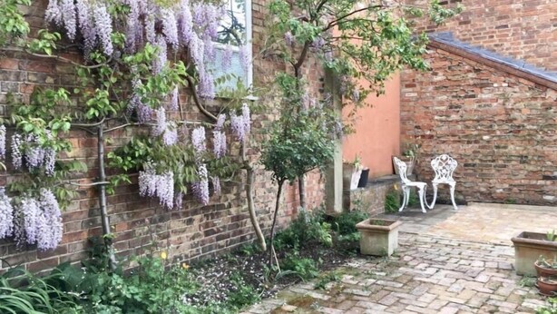 A brick building with a garden area featuring a white chair and a table, surrounded by potted plants and a small tree. - The Walton House near City Center (Oxford)