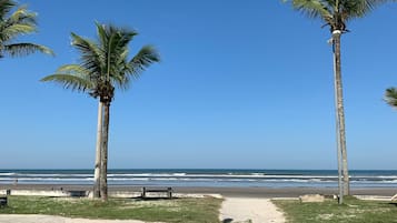 On the beach, sun-loungers