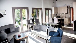 A modern living room with a sofa, chairs, a coffee table, and a kitchen area visible through large windows.
