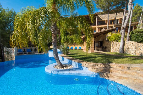 A swimming pool with a tiled edge, surrounded by a stone wall and palm trees.