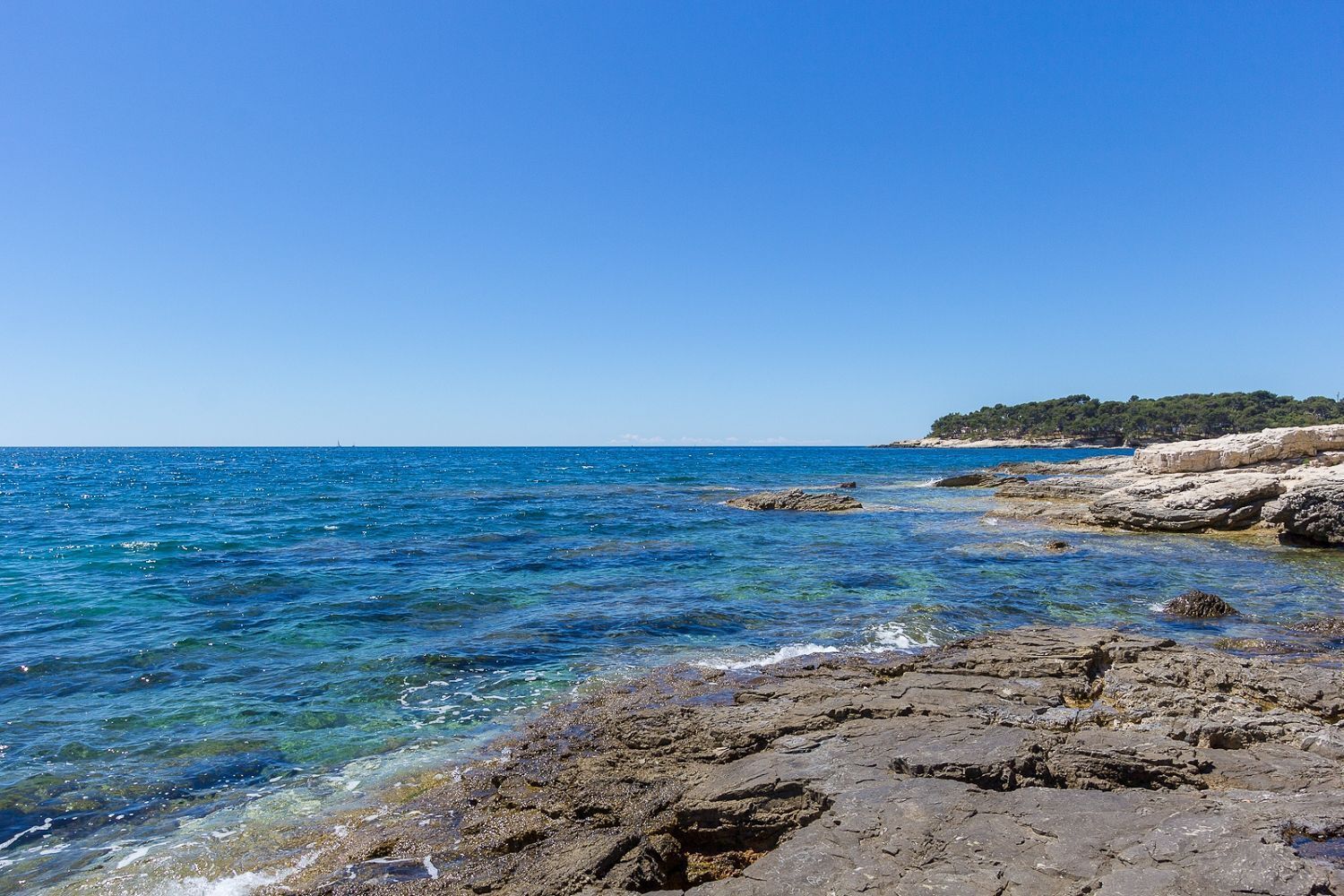 Un rivage rocheux bordé d’une mer d’un bleu limpide et, au loin, une colline couverte d’arbres.