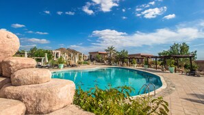 Outdoor pool, pool umbrellas, pool loungers
