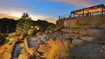 Outdoor pool, pool umbrellas, pool loungers