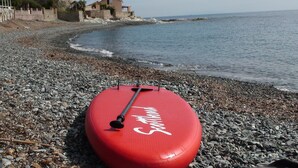 A red lifebuoy on a pebbled beach with a castle and palm tree in the background. - Uribellinu 2, nice T3 mountain sea view (santa maria di lota)