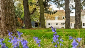 A house surrounded by trees and a grassy area with blue flowers. - River View, Aldeburgh (Aldeburgh)