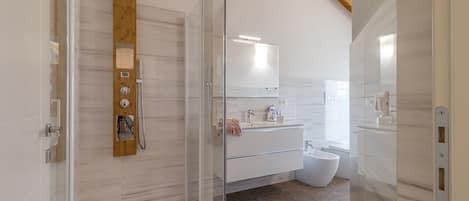 Regadera, secadora de cabello, bidet, toallas