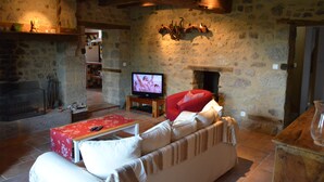 Una sala rústica con paredes de piedra, una chimenea, un televisor y un sofá acogedor.