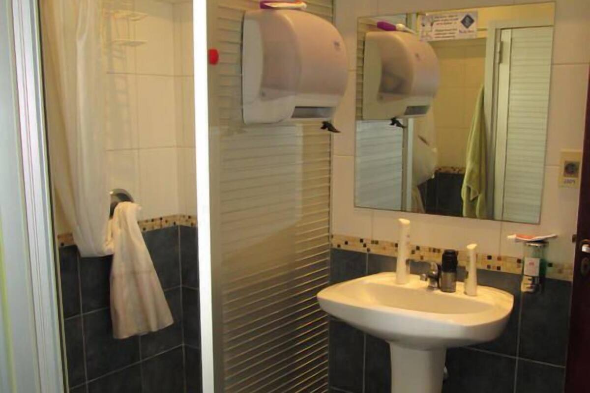Shower, hair dryer, towels, toilet paper