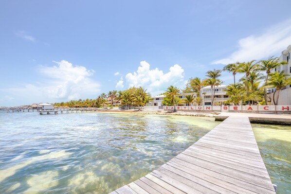 A wooden pier leading to a beach with clear water, palm trees, and a building labeled "BABYLON BEACH".