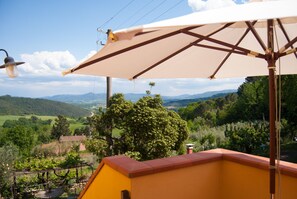 A balcony with a view of a green landscape, a table, and a hanging light fixture.