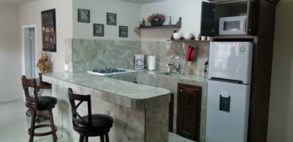 Refrigerador, microondas, placa de cocina, cafetera/tetera