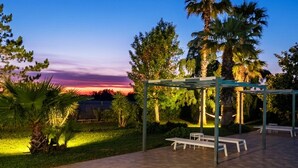 Un espace extérieur aménagé avec des bancs, abrité par un auvent, entouré de palmiers et offrant une vue sur le coucher de soleil.