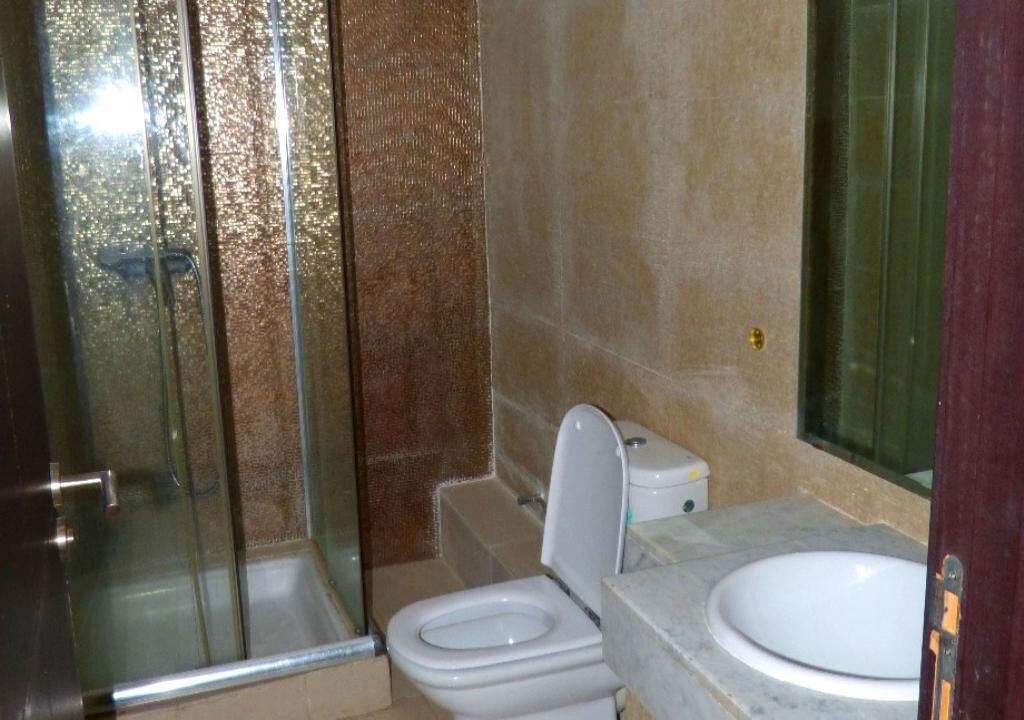 Un baño con cabina de ducha de vidrio, inodoro y lavamanos.